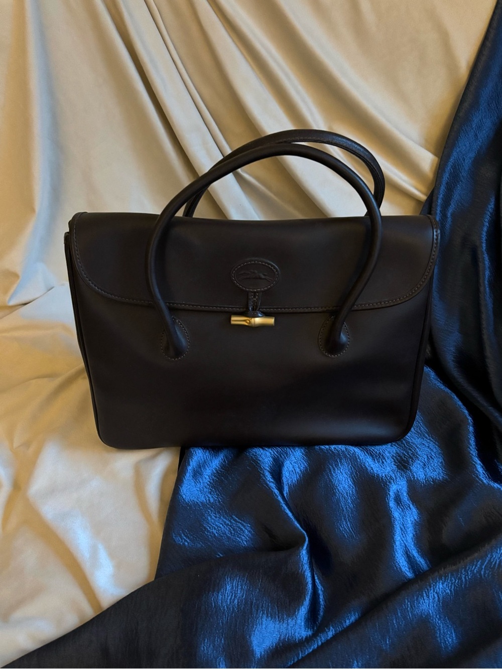Longchamp Black Leather Top-Handle Satchel with Gold Accent